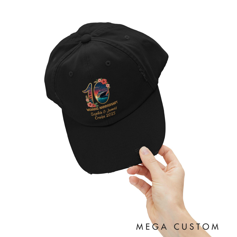 Personalized Couple Matching 10th Wedding Anniversary Hat Custom Names Cruise Vacation Trip Distressed Dad Hat Black Vintage Baseball Cap