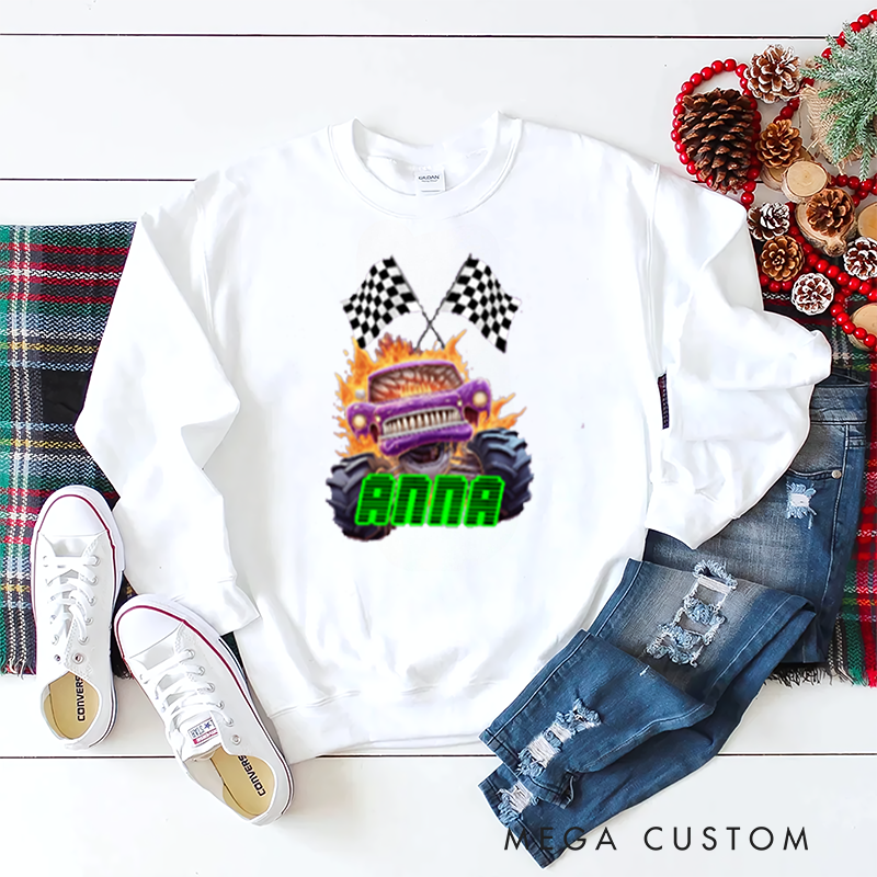 Personalized Big Wheel Off Road Truck Multicolor Kid's Sweatshirt Hoodie with Age and Name Birthday Christmas Gift for Kids