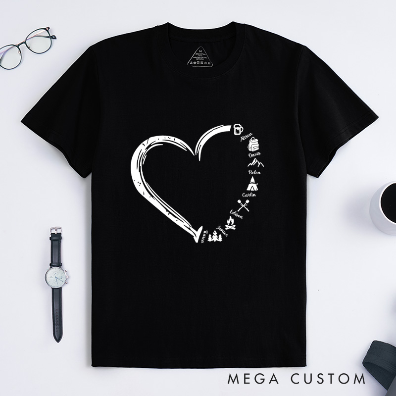  Personalized Cute Heart-shaped Camping Elements T-shirt with Name Gift for Camp Nature Lover