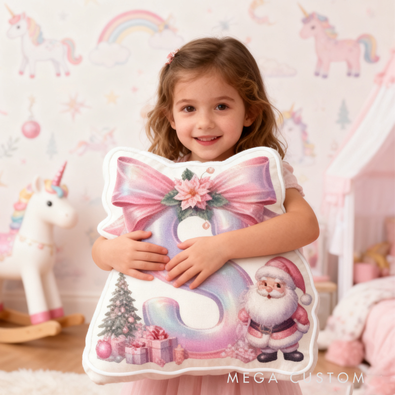 Personalized Cute Pink Santa Claus Initial Pillow Christmas Gift for Kids