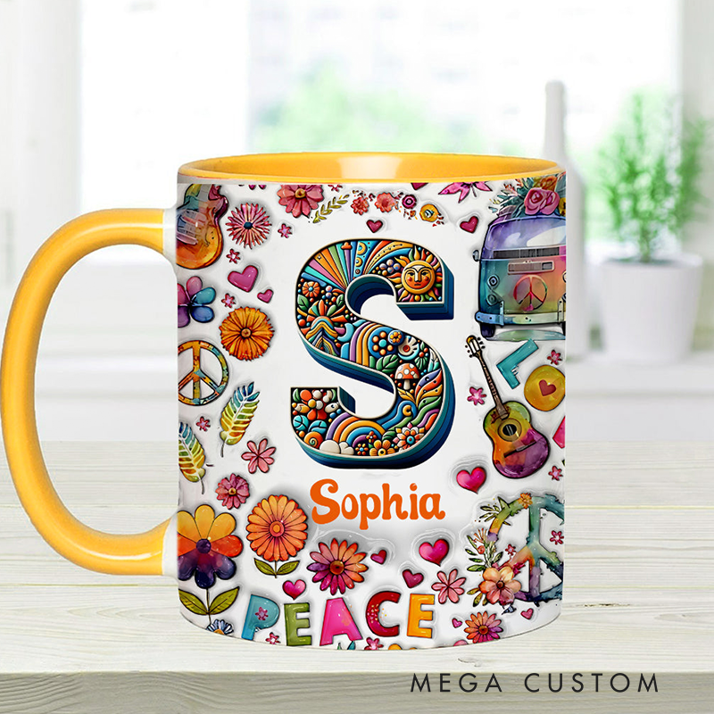 Personalized Hippie Soul Personalized name and Initial Letter mug Hippie Accent Mug for Holiday Decor Family Gifts and Party Favors