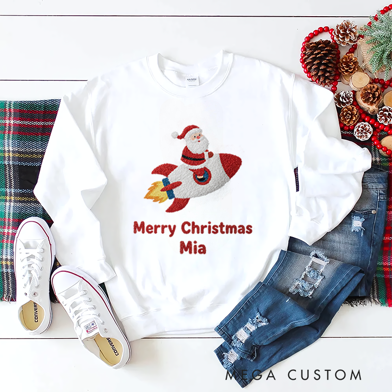 Personalized Kids Sweatshirt and Holiday Pullover with 3D Rocket Print and Santa Design Featuring Festive Christmas Elements for a Joyful Winter Look 