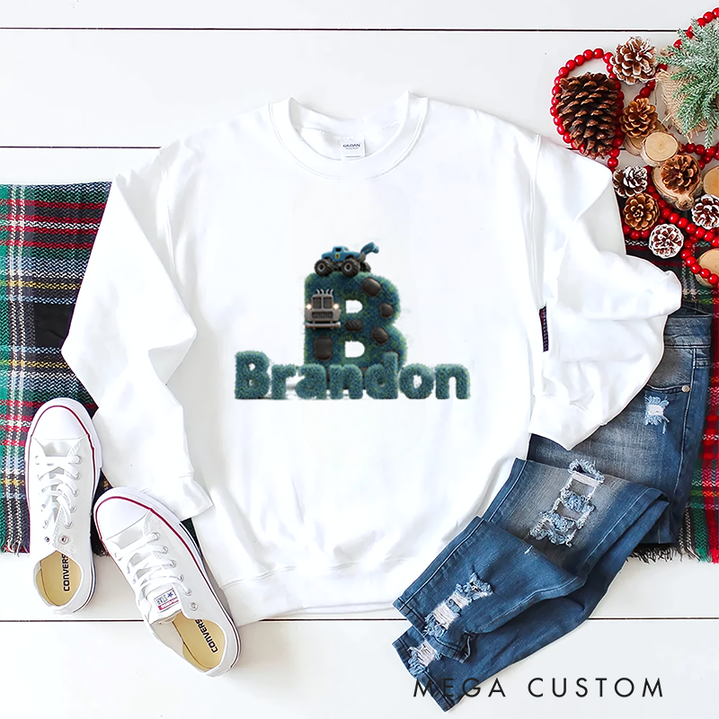 Personalized Kids Sweatshirt and Holiday Pullover with 3D Initial Letter and Robot Design Featuring Fun Cartoon Style for a Playful Everyday Look