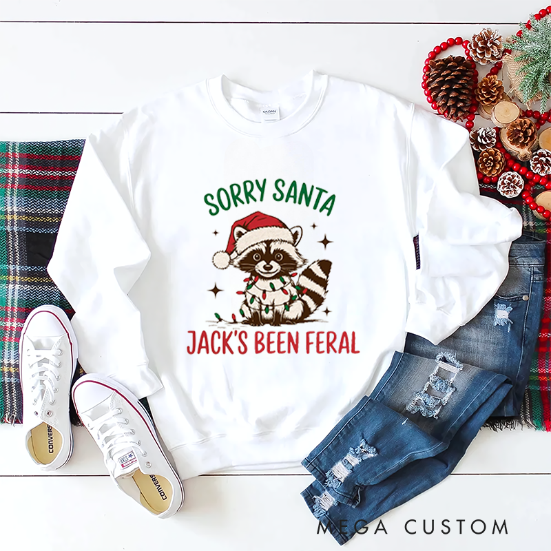 Personalized Kids Sweatshirt and Holiday Pullover with Funny Raccoon and Santa Christmas Design Featuring Festive Cartoon Elements for a Playful Winter Look