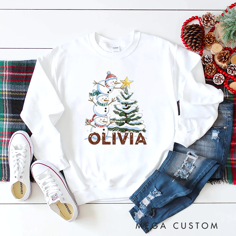 Personalized Kids Sweatshirt and Holiday Pullover with Snowman and Christmas Tree Design Featuring Festive Holiday Elements for a Merry Winter Look
