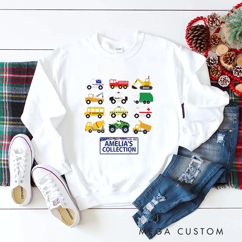Personalized Kids Sweatshirt and Holiday Pullover with Colorful Vehicle Collection Design Featuring Cars Trucks and Excavators for a Fun Christmas Look