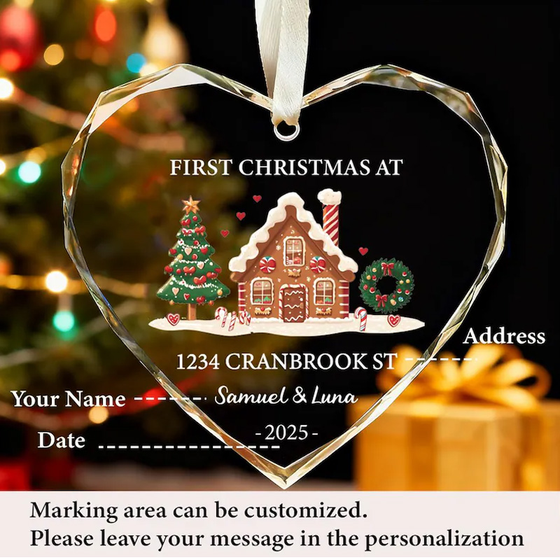 Personalized Heart Ornament First Christmas 2025 Custom Address Gingerbread House Design Festive Holiday Keepsake for New Homeowners Unique Gift Idea