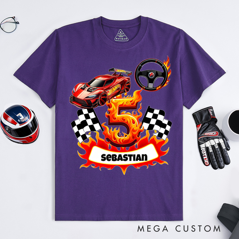 Personalized Racing T-Shirt Custom Name and Number Flame Car Checkered Flag Design for Racers and Racing Lovers
