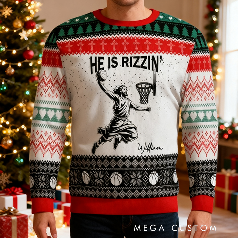 Personalized "He Is Rizzin'" Basketball Ugly Christmas Sweatshirt with Custom Name – Funny Jesus Basketball Meme Gift for Basketball Lovers
