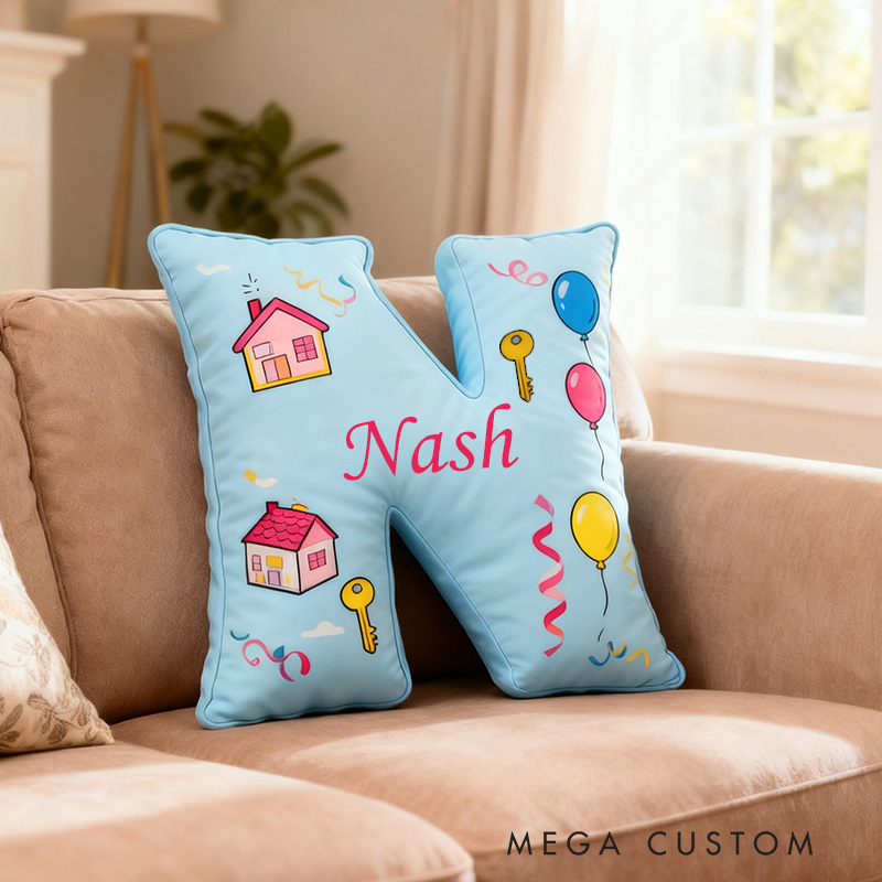 Personalized New Home Letter Pillow Graphic 3D Print Custom Name Design Soft Decorative Cushion with House and Balloon Theme Perfect Gift