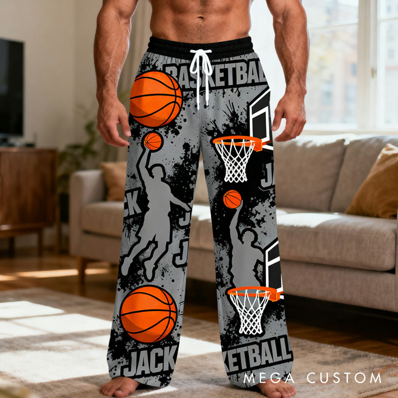Personalized Basketball Themed Pajama Pants with Custom Name for Players and Enthusiasts