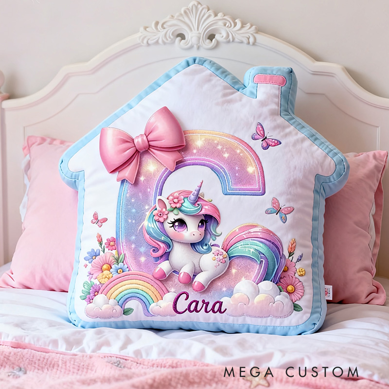 Personalized Unicorn Pillow House-Shaped 26 Letters Custom Name Design Perfect for Girl's Bedroom Decor and Gift Idea Graphic 3D Print