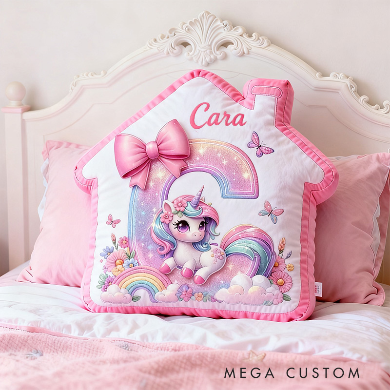 Personalized Unicorn Pillow Pink House-Shaped 26 Letters Custom Name Design Perfect for Girl's Bedroom Decor and Gift Idea Graphic 3D Print