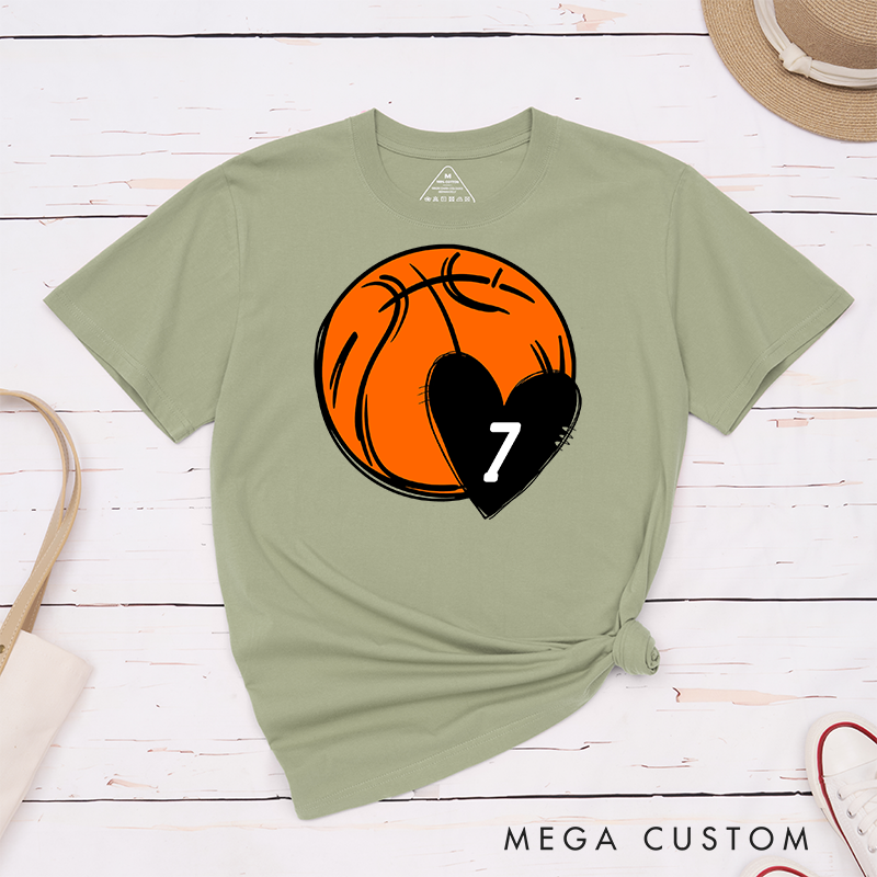 Personalized Basketball T-Shirt with Heart and Custom Jersey Number Design Perfect for Basketball Fans and Players