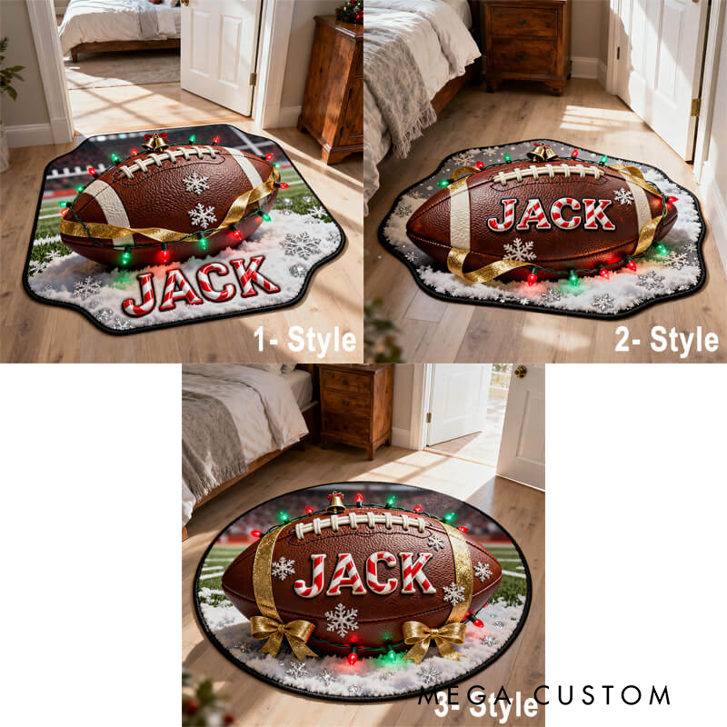 Personalized Football Christmas Rug with Custom Name and Festive Design