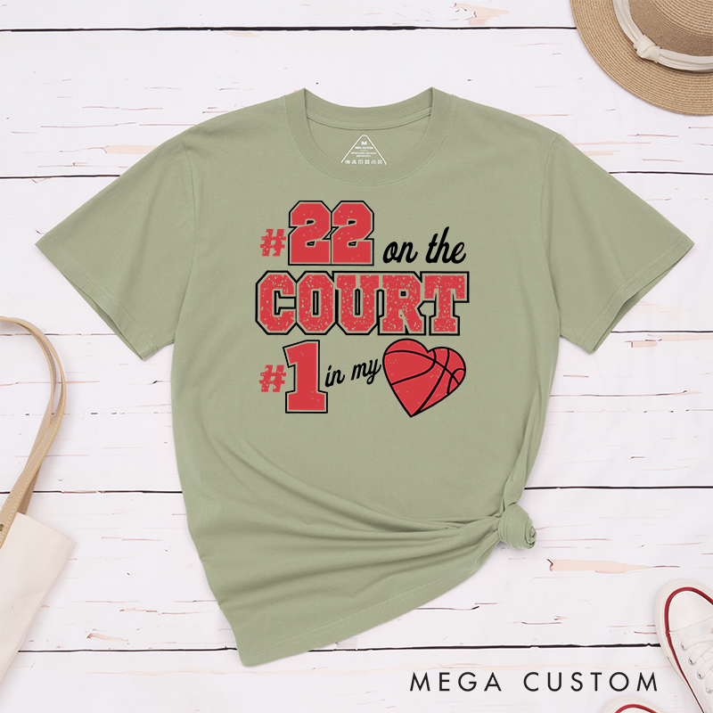 Personalized Basketball Fan T Shirt with Custom Jersey Number and Heartfelt On the Court In My Heart Design