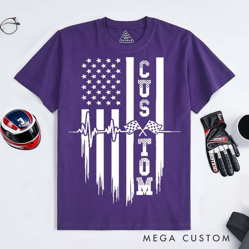 Personalized Racing T Shirt Custom Text Heartbeat Checkered Flag American Flag Tee for Racing and Car Lovers