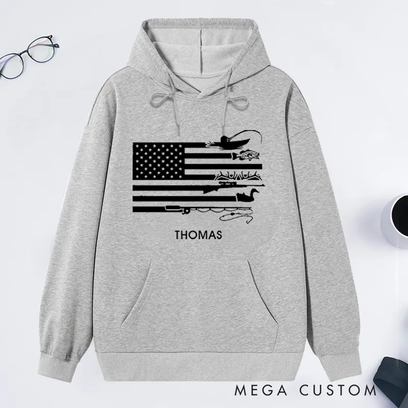 Personalized Fishing Hoodie American Flag Hunting and Fishing Sweatshirt Custom Name  Ideal for Anglers and Outdoor Enthusiasts