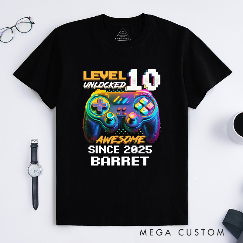 Personalized Level 10 Unlocked Shirt Funny Video Game Gamer T-Shirt for Teenager Boys and Girls Gift for Game Geek