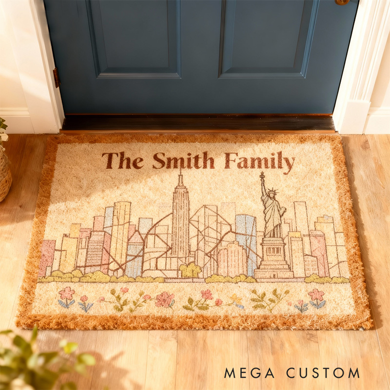 Personalized Cityscape Doormat New York City Skyline Custom Family Name Welcome Mat with Iconic Landmarks Durable Entryway Rug for Home Decor