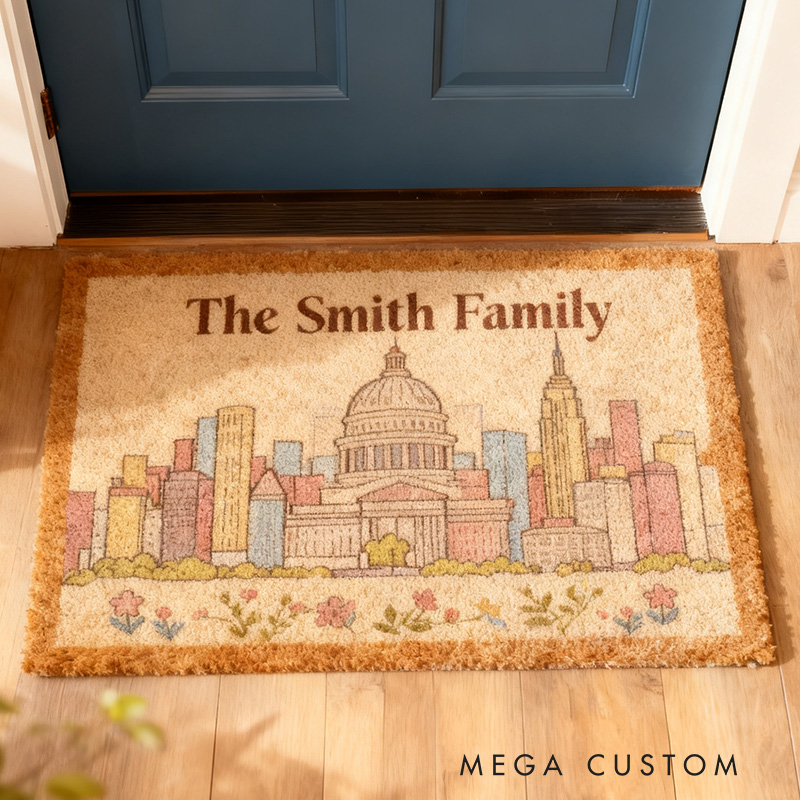 Personalized Family Doormat Custom Name Welcome Mat with Washington Skyline Line Durable Entryway Rug for Home Decor Front Door Outdoor Indoor Use