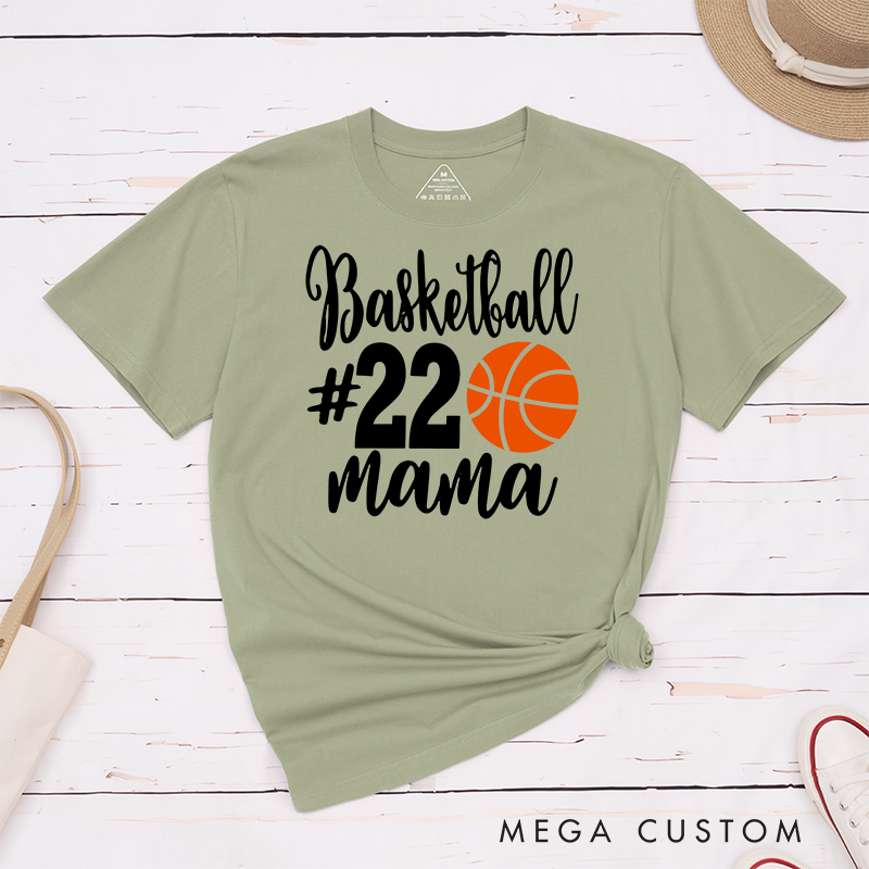 Personalized Basketball Mama T-Shirt with Custom Jersey Number Bold Basketball Graphic and Stylish Script Design for Proud Moms