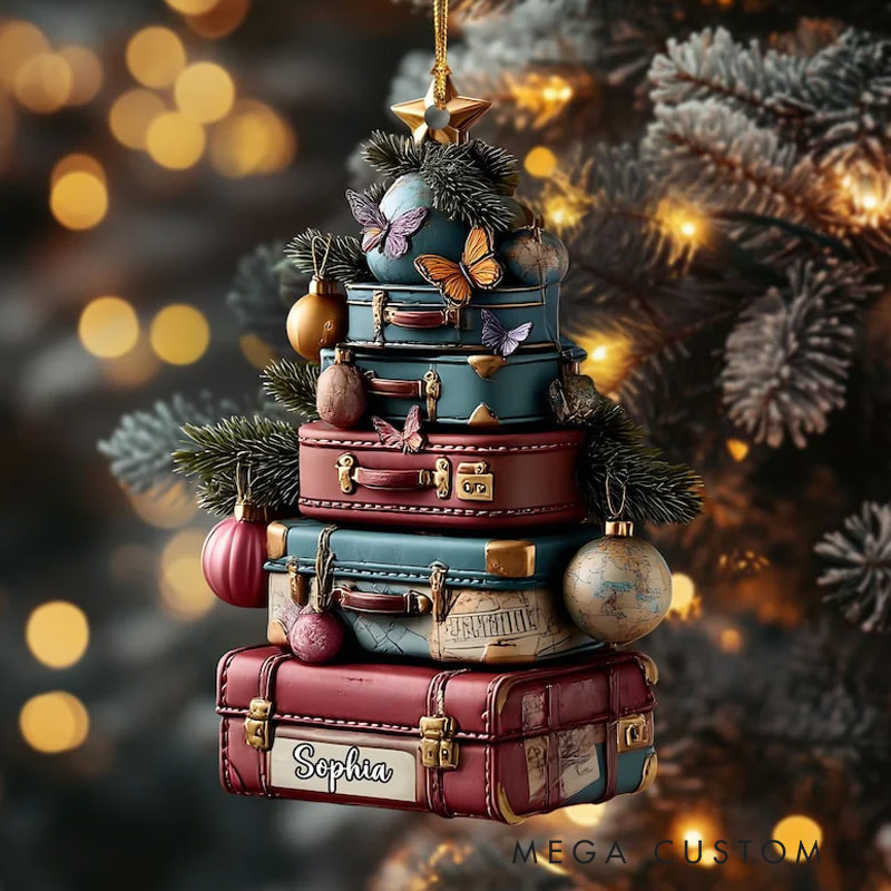 Personalized Travel Suitcase Ornament Acrylic Or Wood Christmas Tree Decor Wanderlust Luggage Stack Gifts for Travel Lovers 