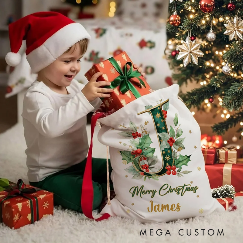 Personalized Holly Initial Canvas Drawstring Gift Bag with Name Christmas Gift for Friends Family