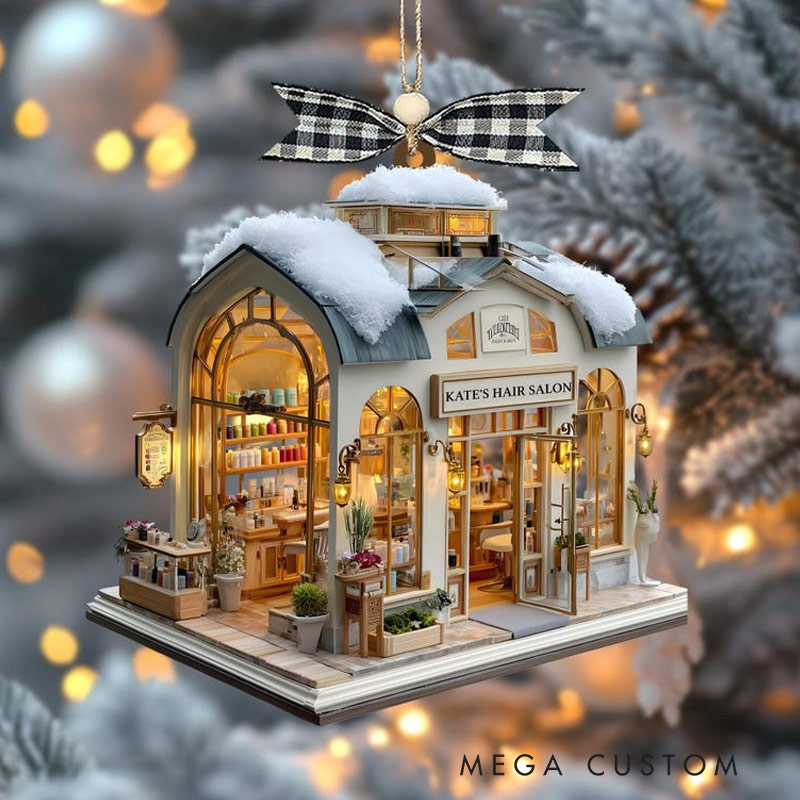 Personalized Hair Salon Stylist Shop with Snowy Roof & Lights Custom Name Year Gift for Her for Him