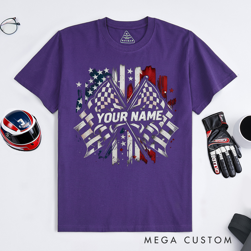Personalized Racing Flag T-Shirt Custom Name Classic Motorsport Tee with Flag Design for Car Lovers