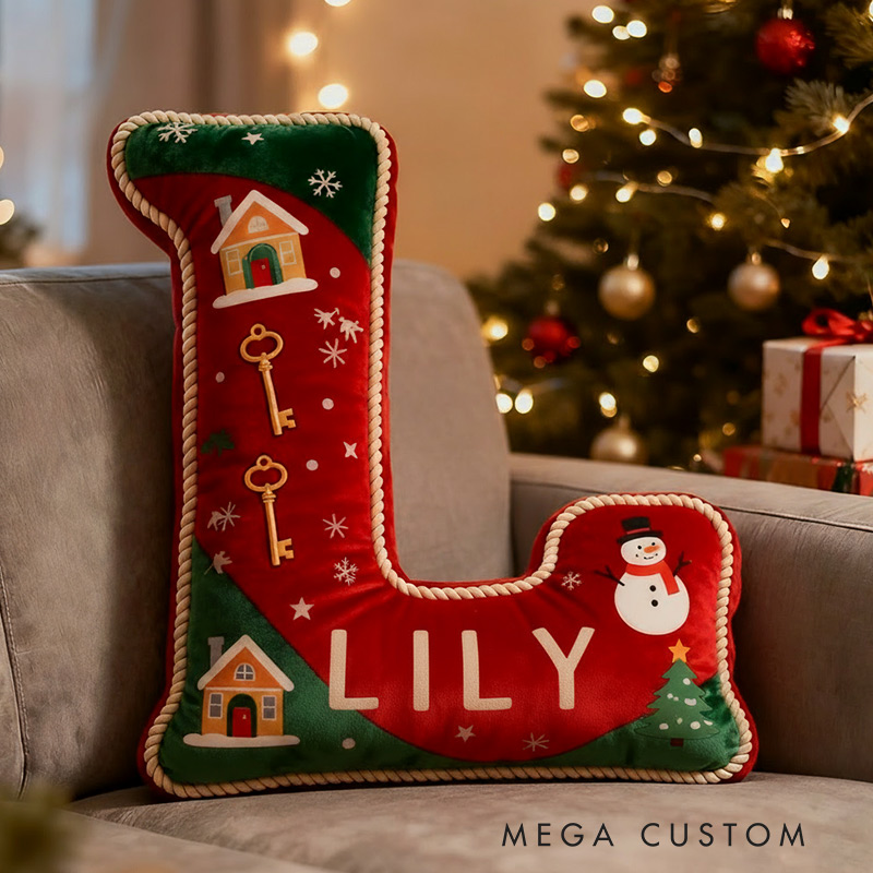 Personalized Christmas Initial Pillow Graphic 3D Print Custom Name Pillow Holiday Gift Cozy Home Accent Soft Cushion Gift for Kids Family
