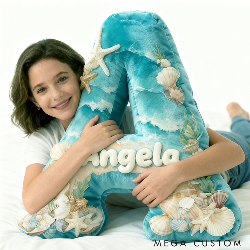 Personalized Seaglass Style Initial Pillow Custom Ocean Style Letter Pillow 3D Graphic Print Home Decor Throw Pillow for Girl Friend Beach Keepsake Pillow