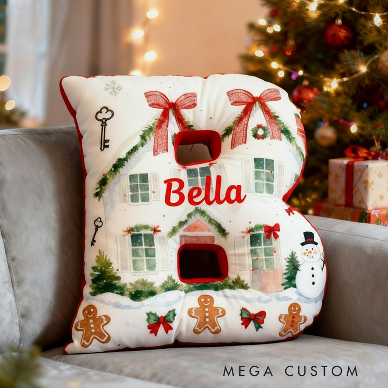 Personalized Initial Pillow Custom Name Christmas House Pillow Holiday Gift Cozy Home Soft Cushion Gift for Kids Family Housewarming Gift