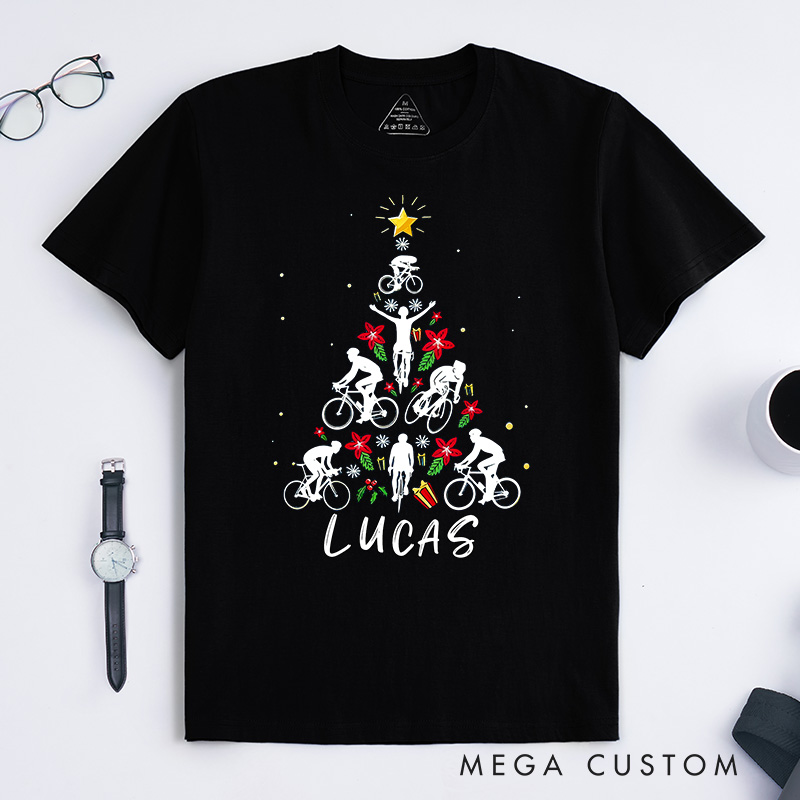 Personalized Classic T-shirt Christmas Tree Bicycle Bike Love Xmas Gift T shirt Funny Bicycle Christmas Sweatshirt Bike Riding Lover Gift Christmas Cyclist Shirt for Riding Lovers