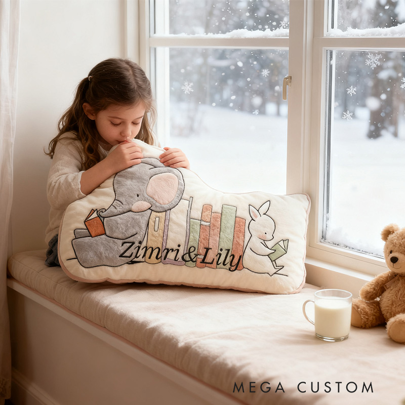 Personalized Elephant and Rabbit Book Buddy Pillow Graphic 3D Print Gift for Reading Lovers