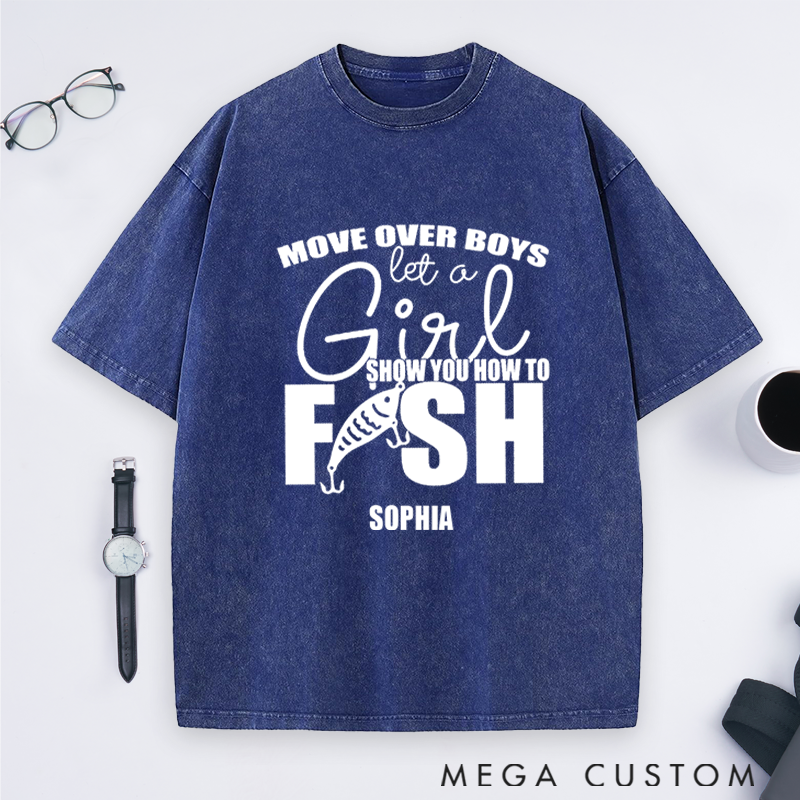 Personalized Fishing Custom Name T-Shirt Funny Move Over Boys Sweatshirt Soft Cotton Perfect Gift for Female Fishing Enthusiasts