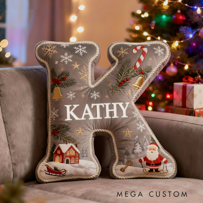 Personalized Christmas Initial Pillow Graphic 3D Print Custom Name Pillow Festive Holiday Decor Cozy Home Accent Soft Cushion Housewarming Gift for Family and Kids 