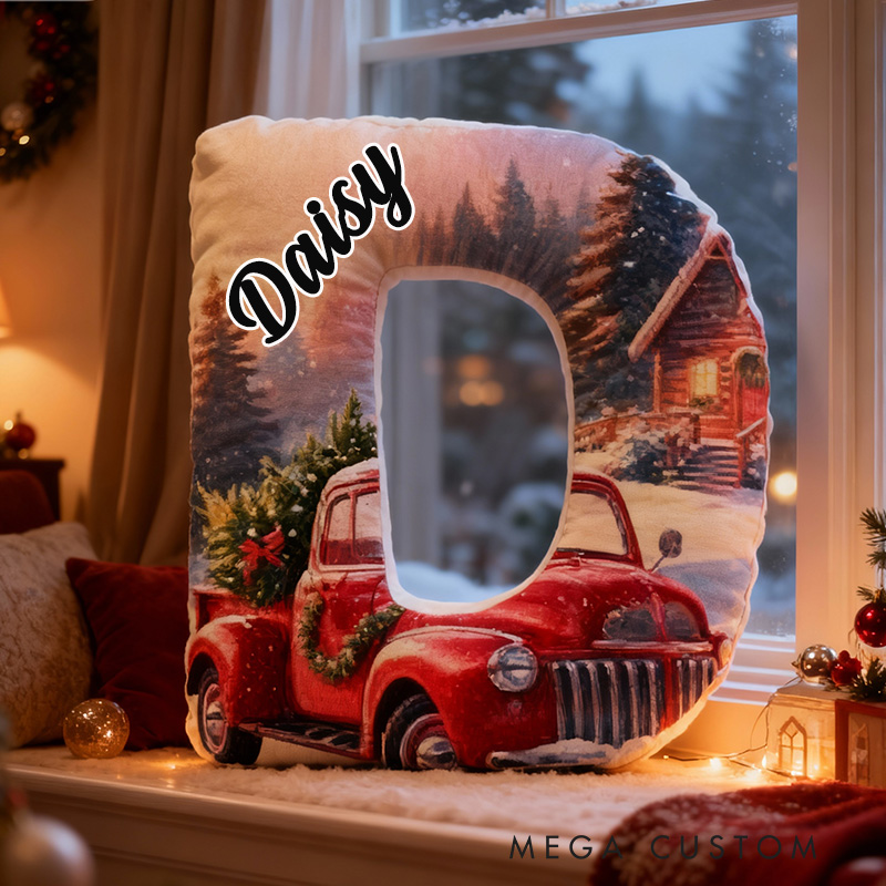 Personalized Letter Pillow Graphic 3D Print Custom Name Cozy Holiday Decor with Vintage Truck and Snowy Scene Design Soft Perfect Seasonal Gift Idea