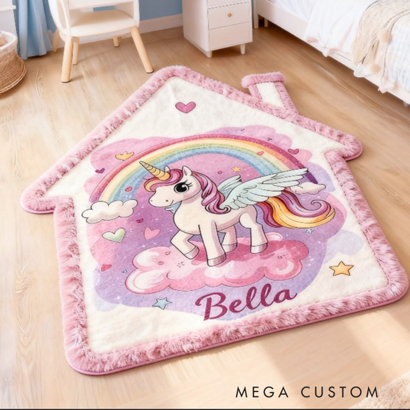 Personalized Rug for Kids Room House-Shaped Soft Plush Carpet Custom Name Children’s Bedroom Decor First Christmas in New Home Gifts