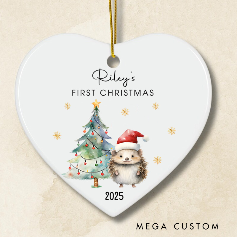 Personalized Hedgehog First Christmas Ornament Highlighting Festive Holiday Scene Christmas Ornament