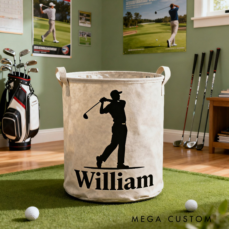 Personalized Golf Storage Basket with Custom Name  and Golfer Silhouette for Enthusiasts