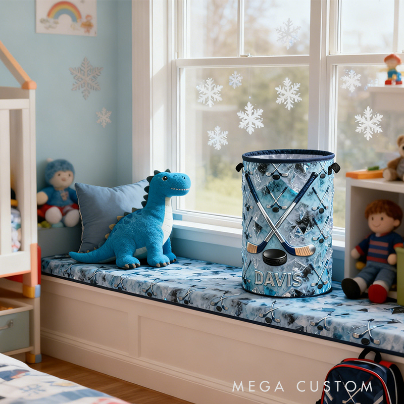 Personalized Ice Hockey Storage Basket with Custom Name and Crossed Sticks Design for Fans and Athletes