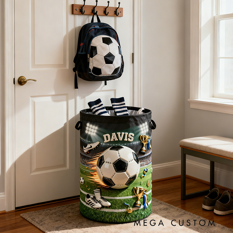 Personalized Soccer Storage Basket with Custom Name and Trophy Design for Kids and Soccer Fans