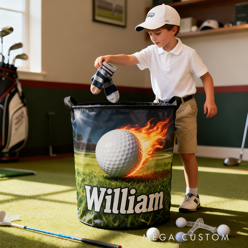 Personalized Golf Storage Basket with Custom Name and Fiery Ball Design for Enthusiasts