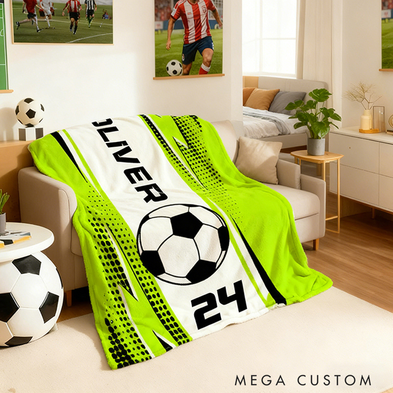 Personalized Soccer Blanket with Custom Name and Jersey Number for Soccer Fans. 