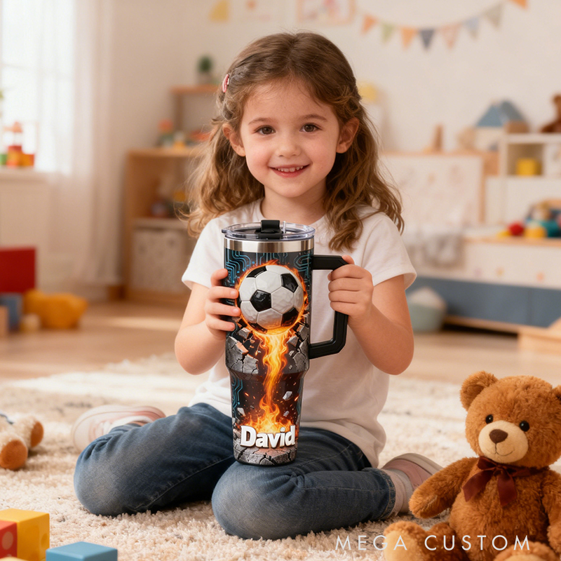 Personalized Soccer Tumbler with Custom Name and Flaming Ball Design for Fans and Athletes