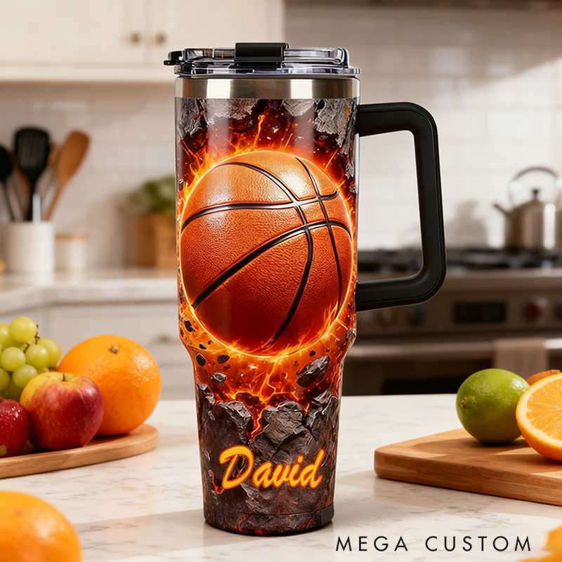 Personalized Basketball Tumbler with Custom Name and Fiery Design for Fans and Players