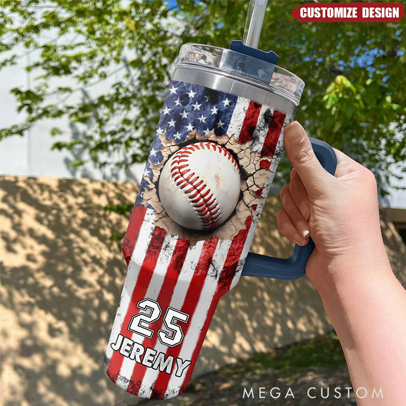 Personalized Baseball Tumbler with Custom Name, Number, and American Flag Design