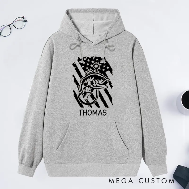Personalized Fishing Hoodie with American Flag and Fish Design Custom Name Perfect Gift for Fishing Lovers