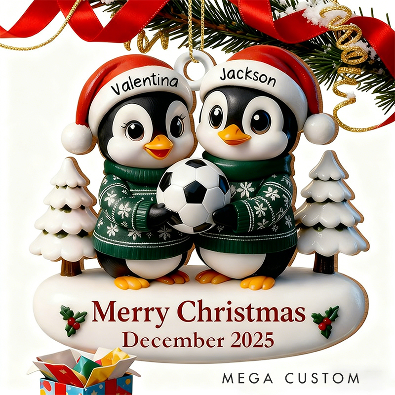 Personalized Acrylic Penguin Couple Soccer Christmas Ornament with Custom Names and Merry Christmas Message